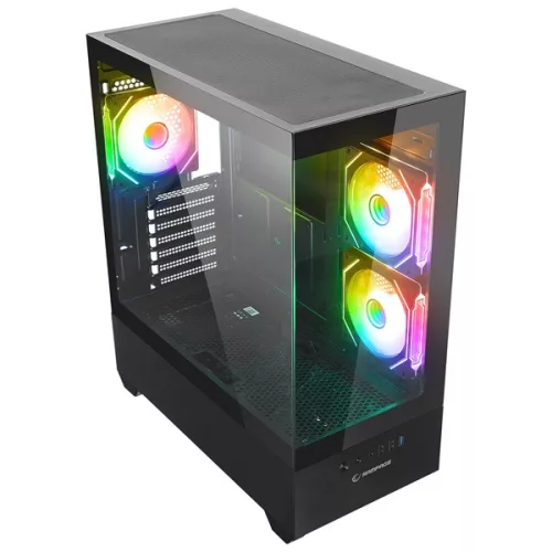 Rampage Számítógépház - CALIBRE (fekete; üveg; mATX; alsó táp; 3x120mm RGB, 1xUSB3.0 + 2xUSB2.0)