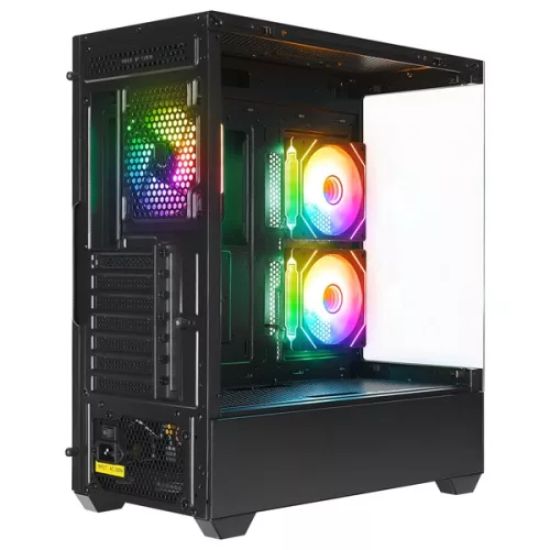 Rampage Számítógépház - CALIBRE (fekete; üveg; mATX; alsó táp; 3x120mm RGB, 1xUSB3.0 + 2xUSB2.0)