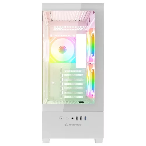 Rampage Számítógépház - CALIBRE (fehér; üveg; mATX; alsó táp; 3x120mm RGB, 1xUSB3.0 + 2xUSB2.0)