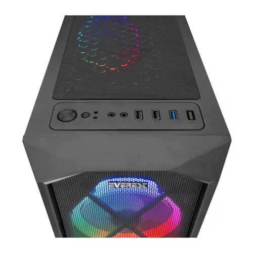 Everest Számítógépház -  FLAT MESH (fekete; plexi; ATX; alsó táp; 4x120mm LED; 1xUSB3.0 + 2xUSB2.0, I/O; porszűrő)
