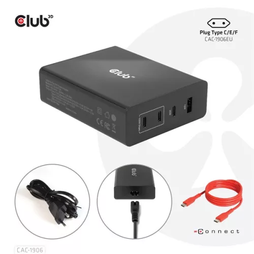 Club 3D Hálózati Adapter - CAC-1906 (132W GaN, 2x USB-A, 2x USB-C, PD3.0, 4 csatlakozó)