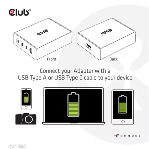Club 3D Hálózati Adapter - CAC-1906 (132W GaN, 2x USB-A, 2x USB-C, PD3.0, 4 csatlakozó)