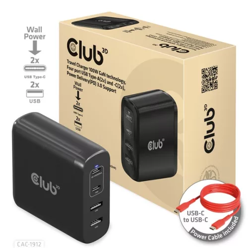 Club 3D Hálózati Adapter - CAC-1912EU (100W GaN, 2x USB-A, 2x USB-C, PD3.0, 4 csatlakozó)