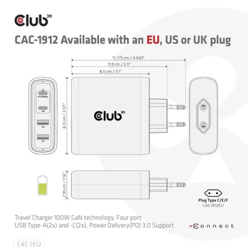 Club 3D Hálózati Adapter - CAC-1912EU (100W GaN, 2x USB-A, 2x USB-C, PD3.0, 4 csatlakozó)