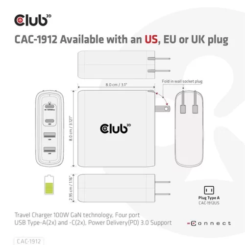 Club 3D Hálózati Adapter - CAC-1912EU (100W GaN, 2x USB-A, 2x USB-C, PD3.0, 4 csatlakozó)