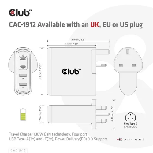 Club 3D Hálózati Adapter - CAC-1912EU (100W GaN, 2x USB-A, 2x USB-C, PD3.0, 4 csatlakozó)