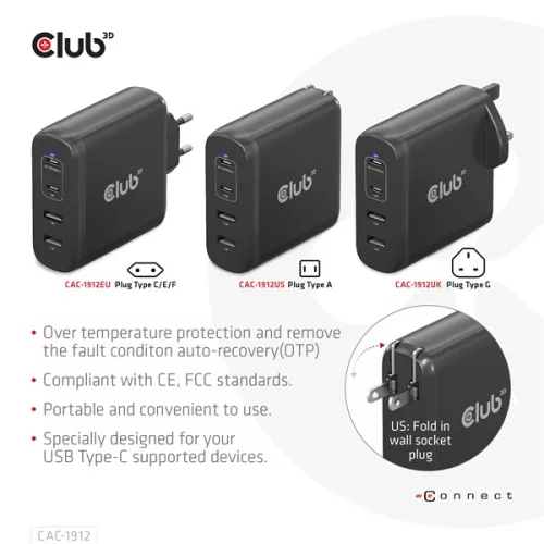 Club 3D Hálózati Adapter - CAC-1912EU (100W GaN, 2x USB-A, 2x USB-C, PD3.0, 4 csatlakozó)