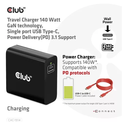Club 3D Hálózati Adapter - CAC-1914EU (140W, GaN USB-C, PD 3.1)