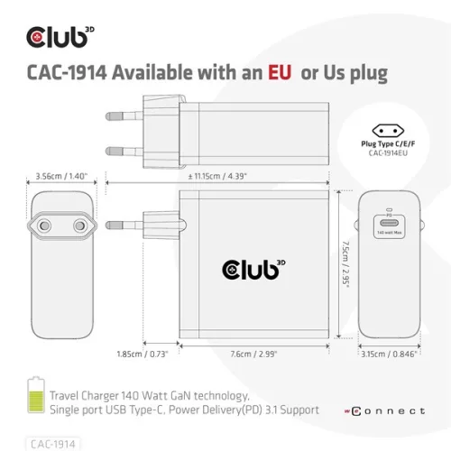 Club 3D Hálózati Adapter - CAC-1914EU (140W, GaN USB-C, PD 3.1)