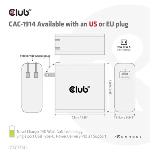 Club 3D Hálózati Adapter - CAC-1914EU (140W, GaN USB-C, PD 3.1)