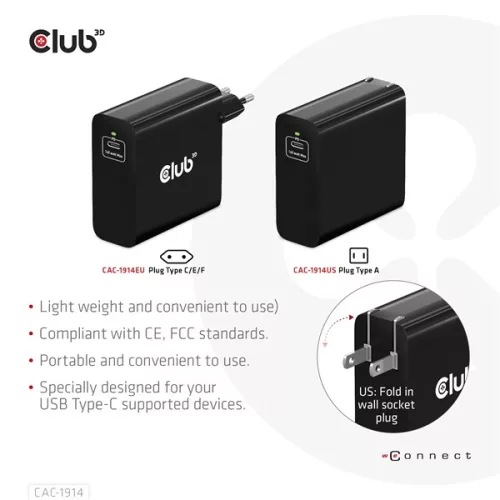 Club 3D Hálózati Adapter - CAC-1914EU (140W, GaN USB-C, PD 3.1)