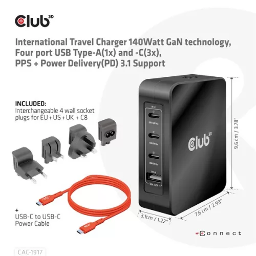 Club 3D Hálózati Adapter - CAC-1917 (140W GaN, 3x USB-C, 1x USB-A, PD3.1, 4 csatlakozó)