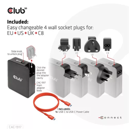 Club 3D Hálózati Adapter - CAC-1917 (140W GaN, 3x USB-C, 1x USB-A, PD3.1, 4 csatlakozó)