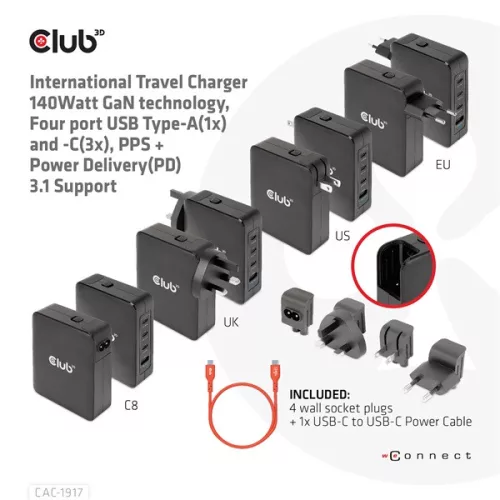 Club 3D Hálózati Adapter - CAC-1917 (140W GaN, 3x USB-C, 1x USB-A, PD3.1, 4 csatlakozó)