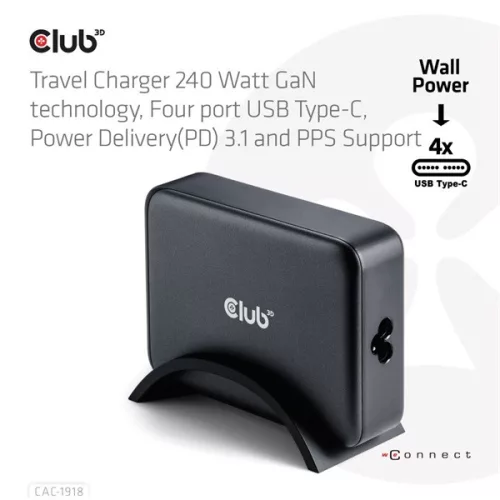 Club 3D Hálózati Adapter - CAC-1918 (240W GaN, 4x USB-C, PD3.1, 4 csatlakozó)