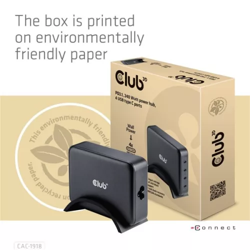 Club 3D Hálózati Adapter - CAC-1918 (240W GaN, 4x USB-C, PD3.1, 4 csatlakozó)