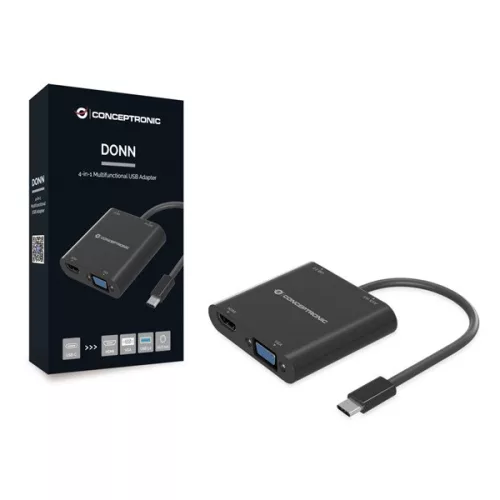 Conceptronic Notebook Dokkoló - DONN09B (USB-C to HDMI+VGA+USB-A+AUX, fekete)
