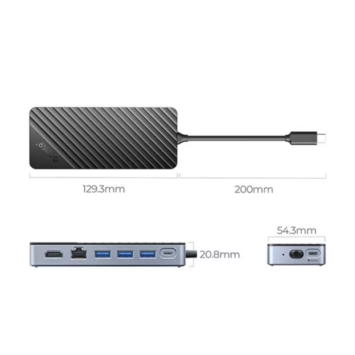 Orico Notebook Dokkoló - OM28PR-G2-BK (Bemenet: USB-C, Kimenet: HDMI/USB-A+C/RJ45/M.2/PD100W, sötétszürke)