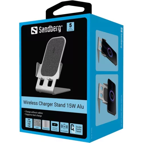 Sandberg Telefon tartó/töltő - Wireless Charger Stand 15W Alu