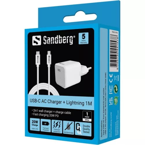 Sandberg Telefon töltő - USB-C AC Charger 20W +Lightning 1M