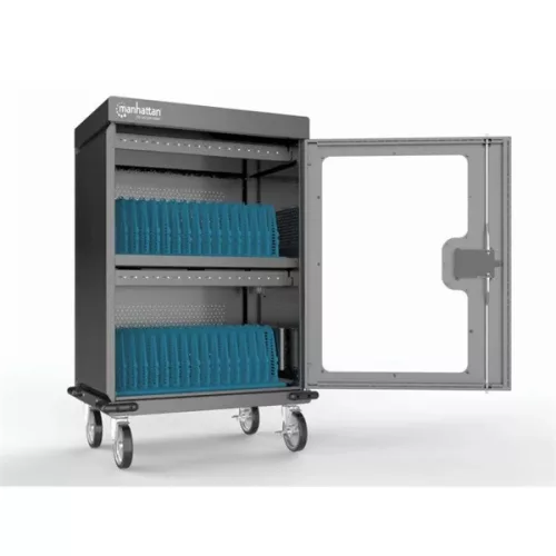 Manhattan Töltőszekrény - 32db USB-C, 576W (3A / 18 W), zárható üvegajtó, Fekete