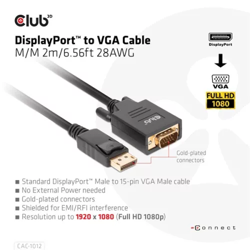 Club 3D Kábel - CAC-1012 (DisplayPort to VGA, 2m, 28AWG, Full HD 1080p, Aranyozott csatlakozók)