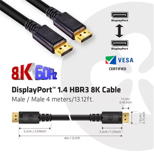Club 3D Kábel - CAC-1069B (DisplayPort 1.4 HBR3, 8K@60Hz, 4m, 24AWG, fekete, VESA tanúsított, M/M)