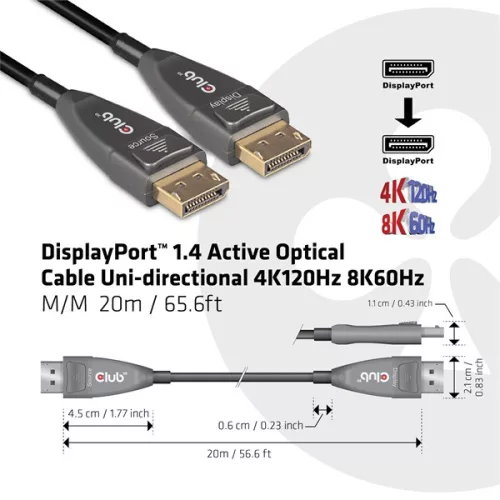 Club 3D Kábel - CAC-1079 (DisplayPort 1.4 Aktív Optikai Egyir. M/M, 8K@60Hz, 20m)