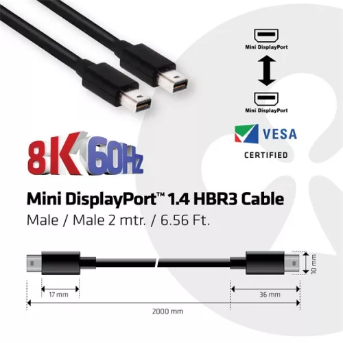 Club 3D Kábel - CAC-1164 (Mini DisplayPort 1.4, 8K60Hz, 34 AWG, 2m, M/M, 32.4Gbps, DSC)