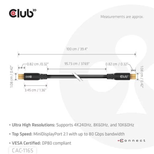 Club 3D Kábel - CAC-1165 (Mini DisplayPort  M/M, DP80, 80Gbps, 1m, 4K240Hz/8K60Hz/10K60Hz)