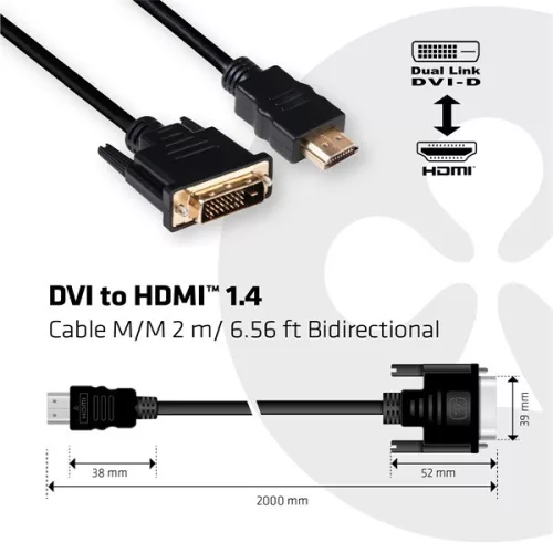 Club 3D Kábel - CAC-1210 (DVI-D to HDMI 1.4, 2m, M/M, Bidirectional, UHD 4K30Hz)