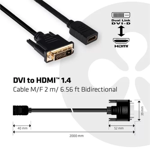 Club 3D Kábel - CAC-1211 (DVI-D to HDMI 1.4, 2m, M/F, kétirányú, UHD 4K30Hz, Arany érintkezők)