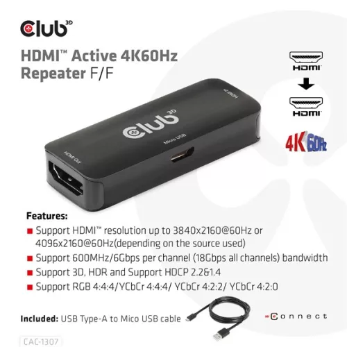 Club 3D Átalakító - CAC-1307 (HDMI aktív ismétlő 4K60Hz, Micro USB tápellátás, 18Gbps, 3D, HDR, HDCP 2.2&1.4)