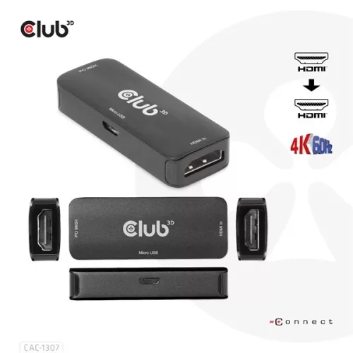 Club 3D Átalakító - CAC-1307 (HDMI aktív ismétlő 4K60Hz, Micro USB tápellátás, 18Gbps, 3D, HDR, HDCP 2.2&1.4)