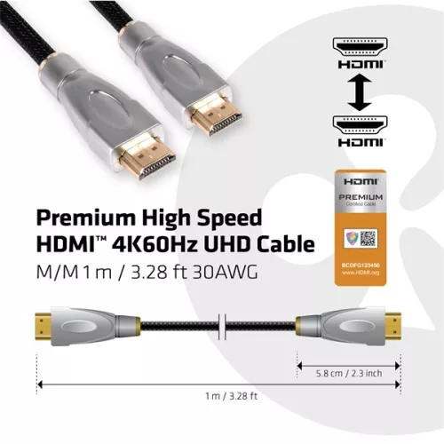 Club 3D Kábel - CAC-1311 (HDMI 2.0 Premium High Speed, 4K60Hz, 1m, Ethernet, HDR, UHD, 18Gbps, M/M, 30AWG)
