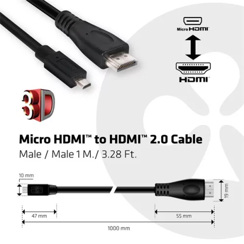 Club 3D Kábel - CAC-1351 (Micro HDMI to HDMI 2.0, 4K60Hz, 1m, Bi-Directional)