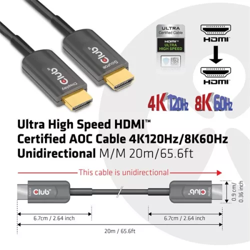 Club 3D Kábel - CAC-1379 (HDMI 2.1 Ultra High Speed,  AOC, M/M, 8K60Hz, 4K120Hz, 20m, eARC, VRR, HDR10, DSC 1.2)