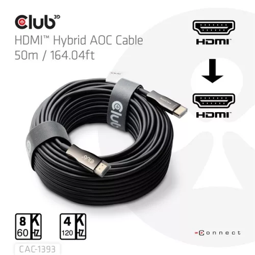 Club 3D Kábel - CAC-1393 (HDMI 2.1 Ultra High Speed, Hybrid AOC, 4K120Hz, 8K60Hz, 48Gbps, M/M, 50m)