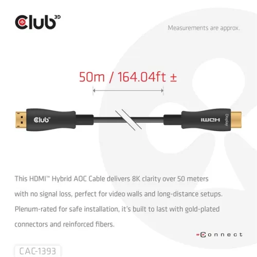 Club 3D Kábel - CAC-1393 (HDMI 2.1 Ultra High Speed, Hybrid AOC, 4K120Hz, 8K60Hz, 48Gbps, M/M, 50m)