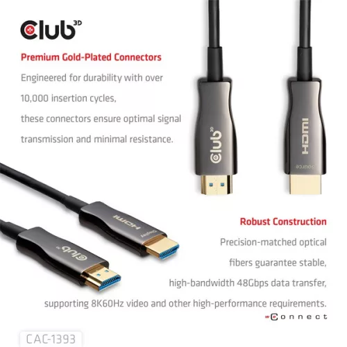 Club 3D Kábel - CAC-1393 (HDMI 2.1 Ultra High Speed, Hybrid AOC, 4K120Hz, 8K60Hz, 48Gbps, M/M, 50m)