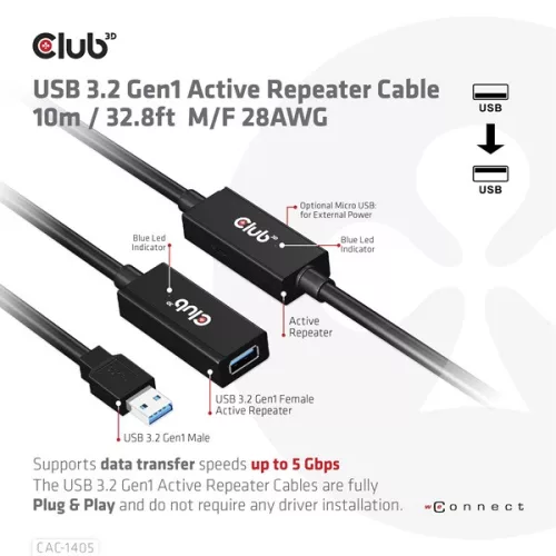 Club 3D kábel - CAC-1405 (3.2 USB-A, Active Repeater, 5Gbps, 10m)