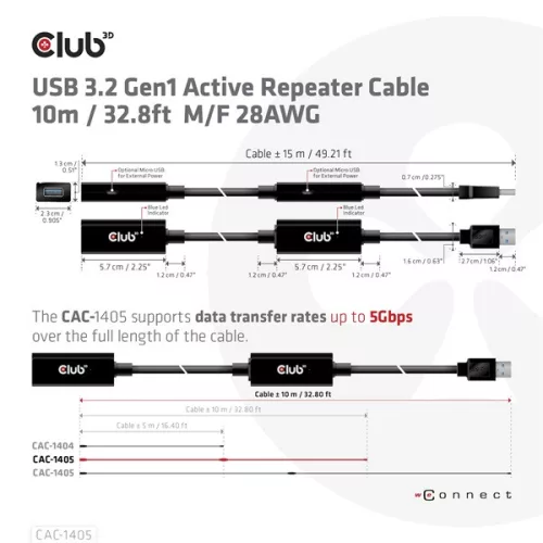 Club 3D kábel - CAC-1405 (3.2 USB-A, Active Repeater, 5Gbps, 10m)