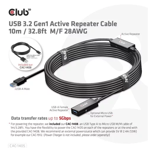 Club 3D kábel - CAC-1405 (3.2 USB-A, Active Repeater, 5Gbps, 10m)