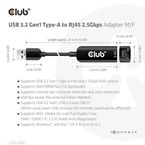 Club 3D Átalakító - CAC-1420 (3.2 USB-A to RJ45, 2.5Gb, M/F)