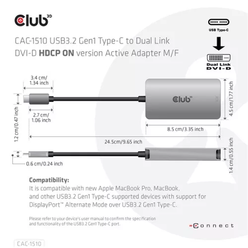 Club 3D Átalakító - CAC-1510 (3.2 USB-C Gen 1 to DVI-D Dual Link, HDCP ON, 4K30Hz)