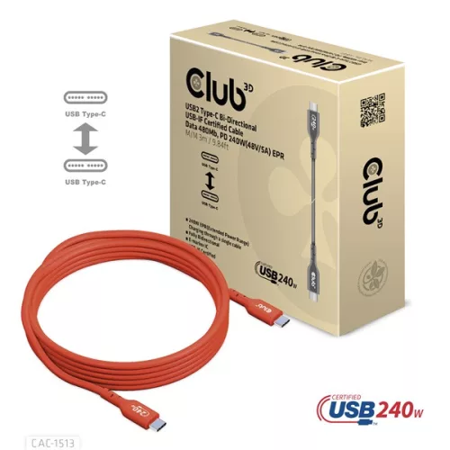 Club 3D Kábel - CAC-1513 (USB2 USB-C Bidirektional, 480Mb/s, PD 240W, USB-IF Certified, M/M, 3m)