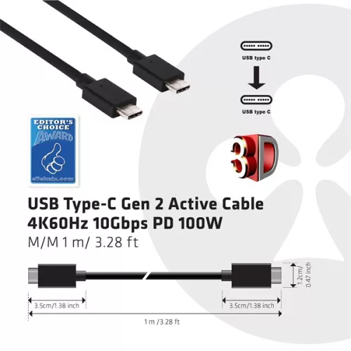 Club 3D Kábel - CAC-1522 (3.1 USB-C Gen 1 to 3.1 USB-C Gen 1, 10Gbps, 100W PD, 4K60Hz, M/M, 0,8m)