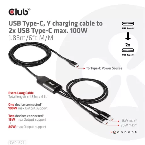 Club 3D Kábel - CAC-1527 (USB-C Y kábel, 100W PD, 1.83m, 2xUSB-C)
