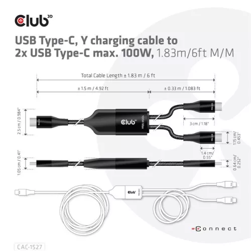 Club 3D Kábel - CAC-1527 (USB-C Y kábel, 100W PD, 1.83m, 2xUSB-C)