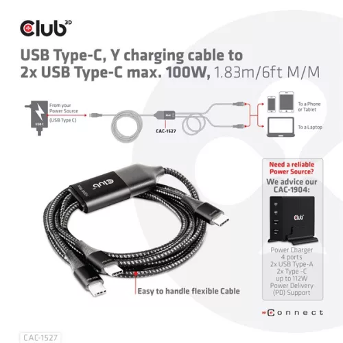 Club 3D Kábel - CAC-1527 (USB-C Y kábel, 100W PD, 1.83m, 2xUSB-C)